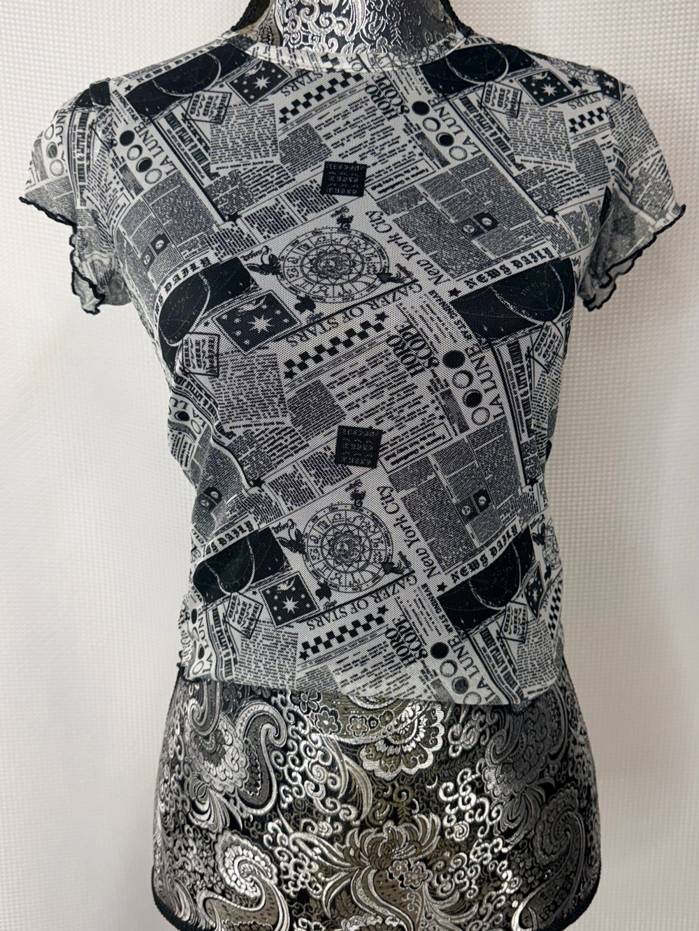 Harper Black & White Newspaper-Print Mesh Short Sleeve Top